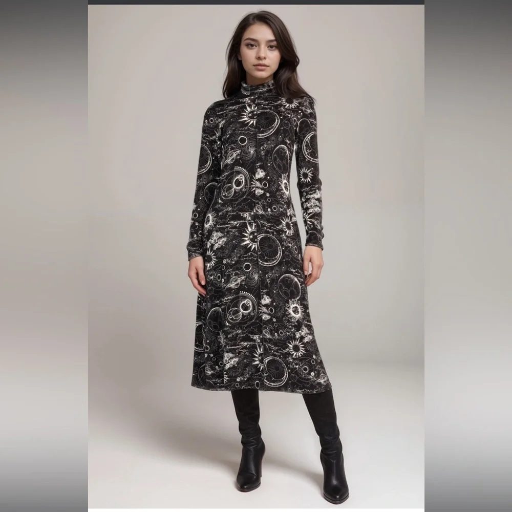 JOHNNY WAS JANIE FAVORITE SEAMED MOCK NECK DRESS MINA SMALL Sun moon star NWT 99 - Picture 7 of 9